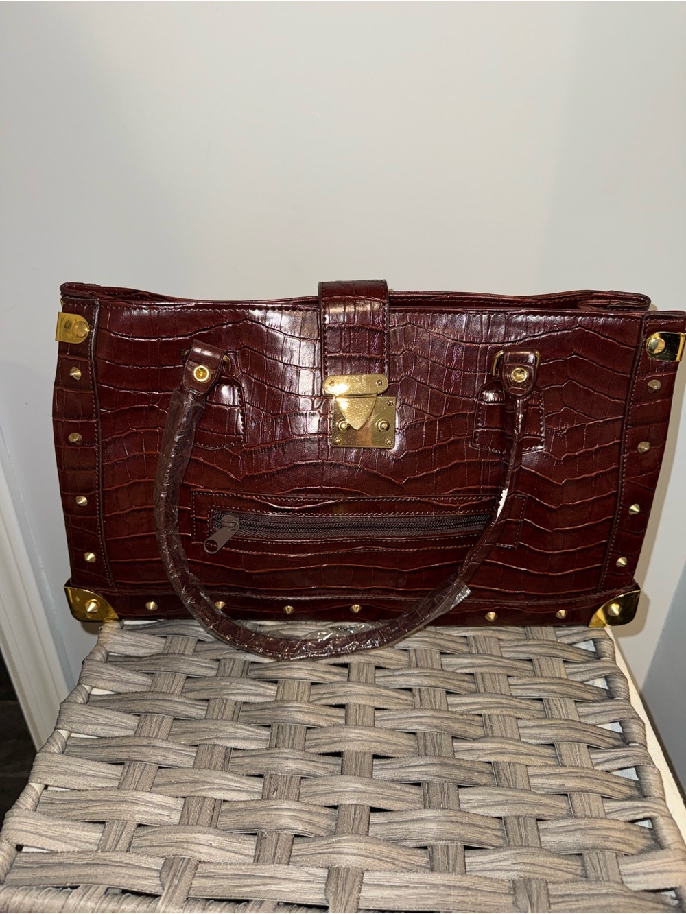 Structured Croc-Embossed Satchel in Deep Burgundy